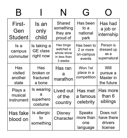 Socializing Bingo Card