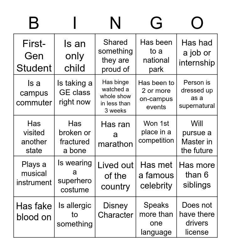 Socializing Bingo Card