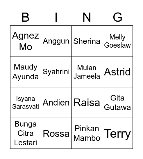 Singer Indonesia Bingo Card