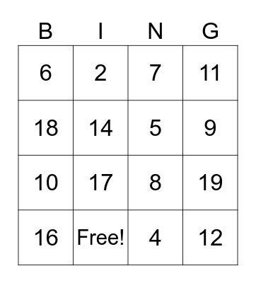 Math Facts Bingo - Addition Bingo Card