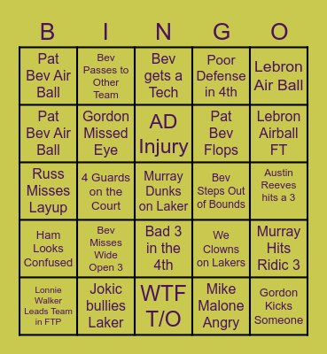 Lakers vs Nuggets Bingo Card