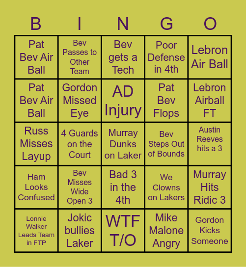 Lakers vs Nuggets Bingo Card