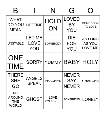 JUSTIN BIEBER Bingo Card