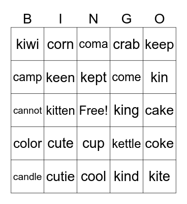c or k word Bingo Card