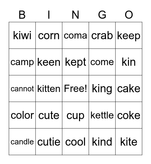 c or k word Bingo Card