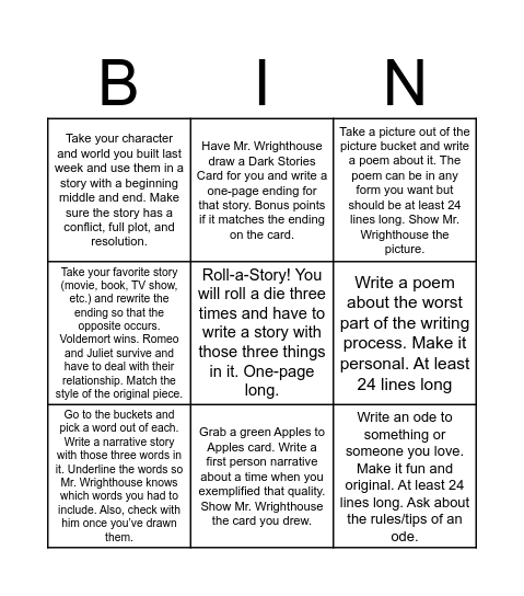 Creative Writing Final Bingo Card