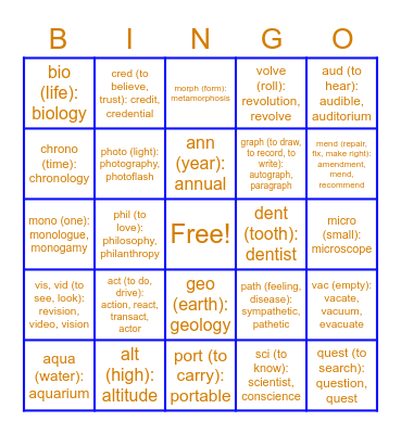 Root Word Bingo Card