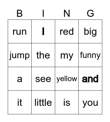 Pre-Primer Words Bingo Card