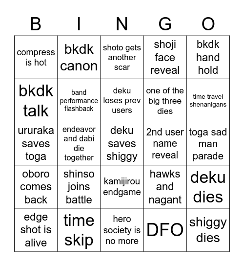 mha manga Bingo Card