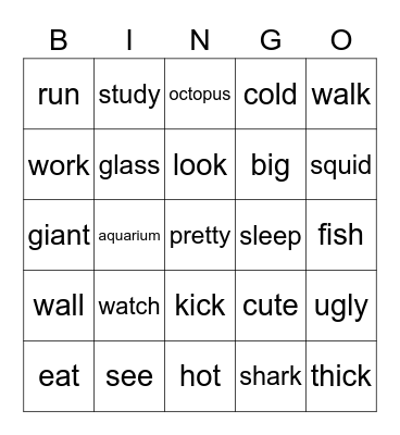 VERB / NOUN / ADJECTIVE Bingo Card