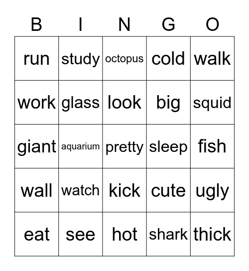 VERB / NOUN / ADJECTIVE Bingo Card