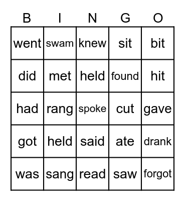 irregular verbs simple past Bingo Card