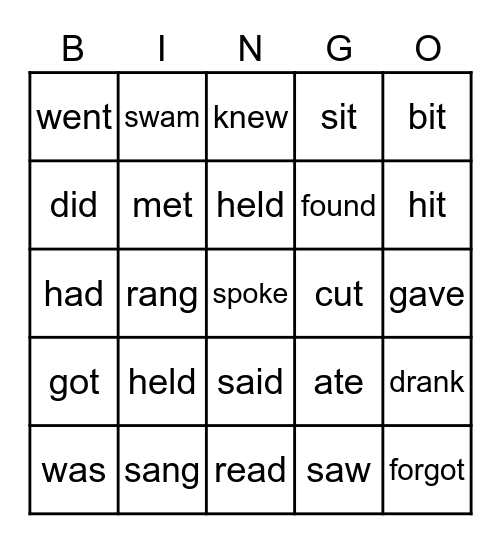 irregular verbs simple past Bingo Card