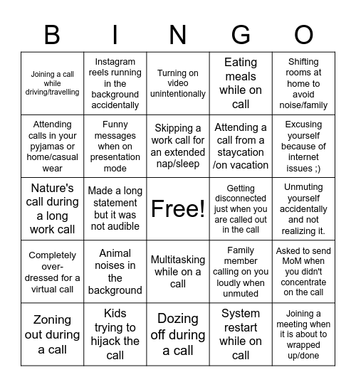 Conference Call Shenanigans! Bingo Card