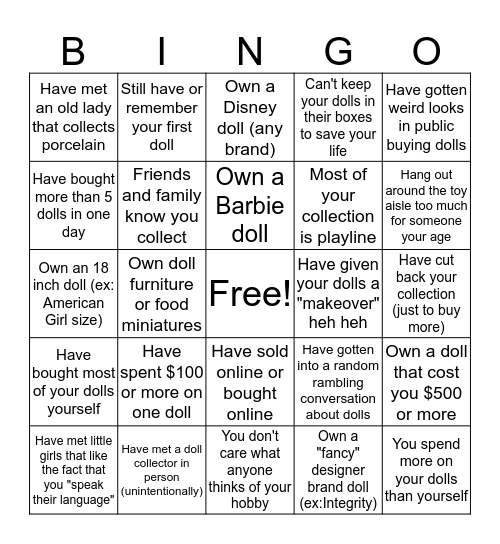 Doll Collector Bingo Card