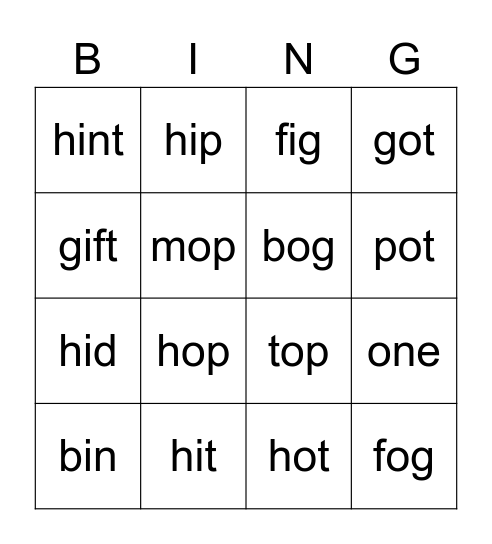 Bingo CVC CAT BIG MOP DEN FHR ONE Bingo Card