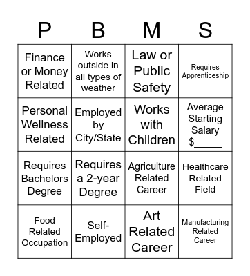 PBMS Career Fair Bingo Card