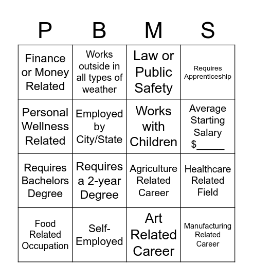 PBMS Career Fair Bingo Card