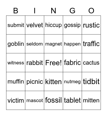 VCCV Bingo Card