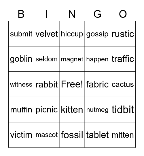 VCCV Bingo Card