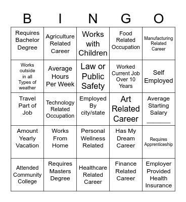 PBHS Career Fair BINGO Card