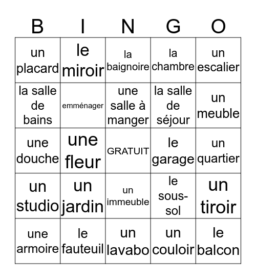 Unité Préliminaire LA Vocabulaire Bingo Card