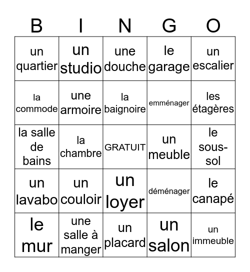 Unité Préliminaire LA Vocabulaire Bingo Card