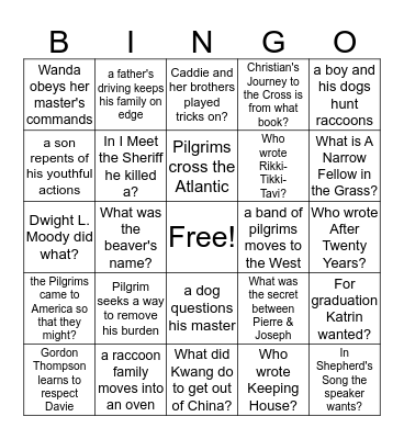7th Lit. Test 3 Review Bingo Card