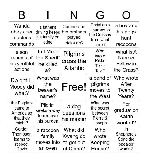 7th Lit. Test 3 Review Bingo Card