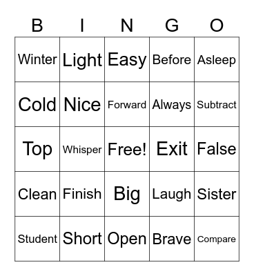Opposites Bingo Card