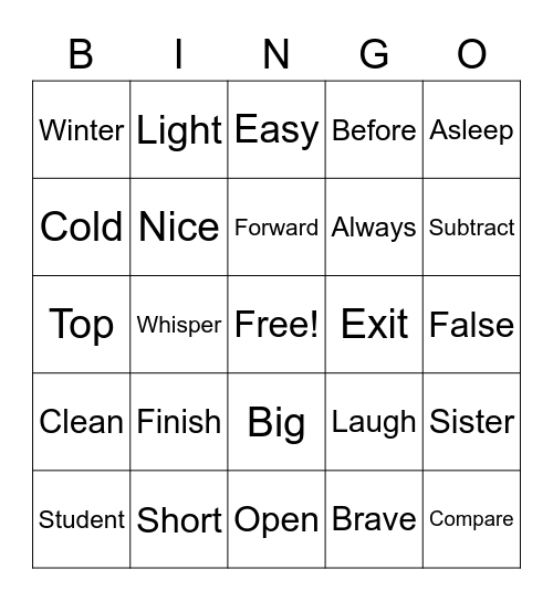 Opposites Bingo Card