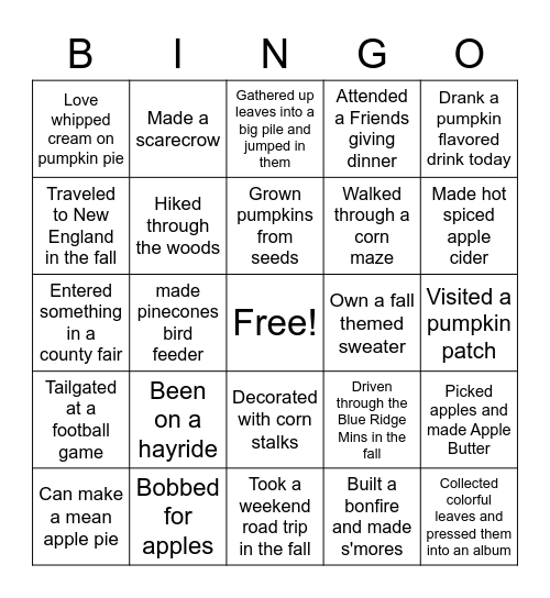 Fall Bingo Card