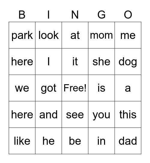 Snap Word Bingo Card