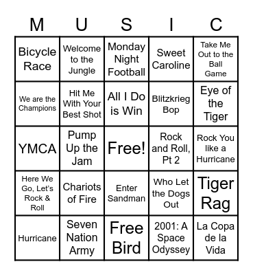 Round 1: Stadium Songs Bingo Card