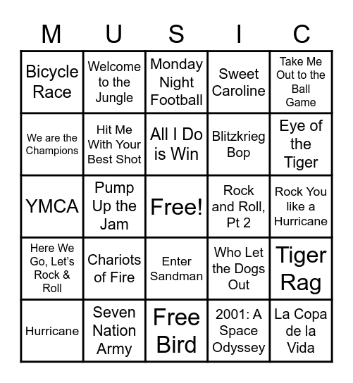 Round 1: Stadium Songs Bingo Card