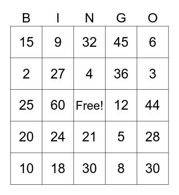 Multiplication Facts 2 - 5 Bingo Card