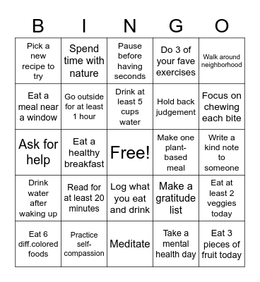 Healthy Habits Bingo Card