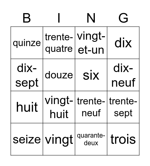 Les Nombres 0-60 Bingo Card