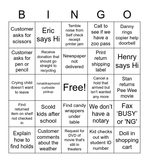 FRONT DESK - horizontal or vertical Bingo Card