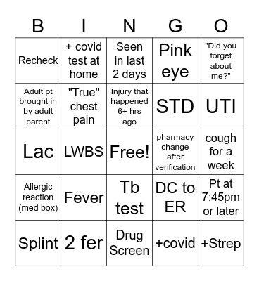 BICC Urgent Care Bingo Card