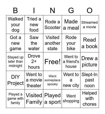 Fall Break Bingo Card