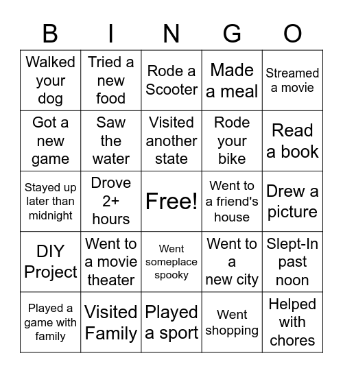 Fall Break Bingo Card