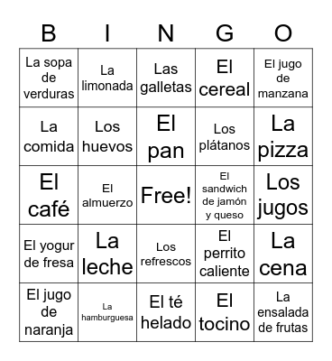 La comida Bingo Card