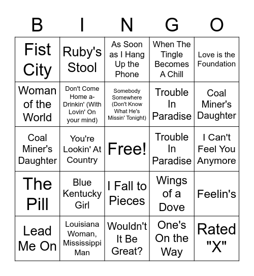 Best of Loretta Lynn Bingo Card