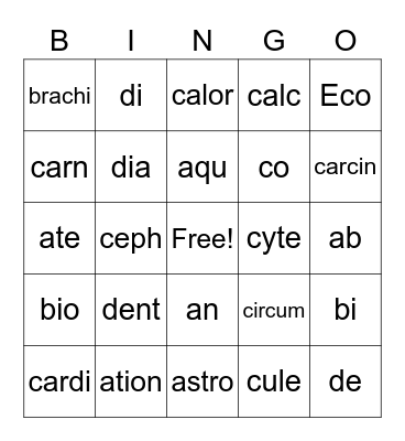 Science Root Words Bingo Card