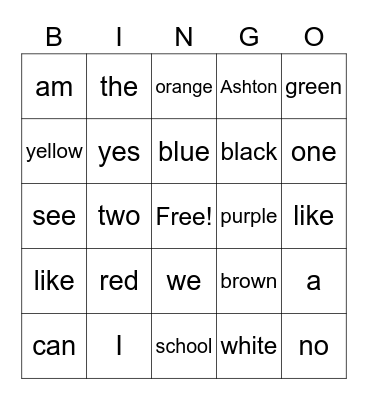 sight words Bingo Card