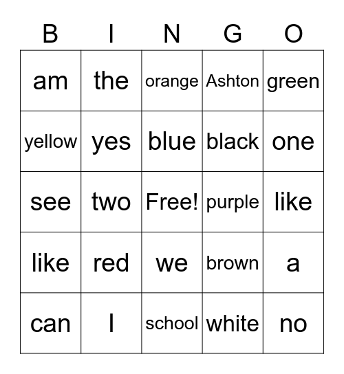 sight words Bingo Card