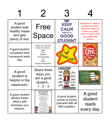 Red Ribbon Week - Being A Good Student Bingo Grade 3 Bingo Card