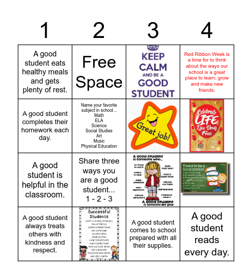 Red Ribbon Week - Being A Good Student Bingo Grade 3 Bingo Card
