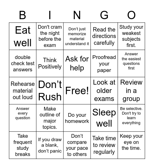 College Test Taking Bingo Card
